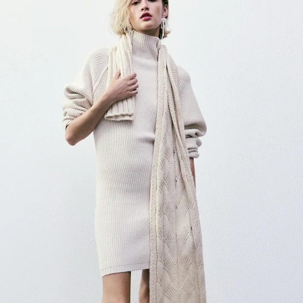 h&m cream knitted dress Women's Cream Frayed-edge rib-knit dress